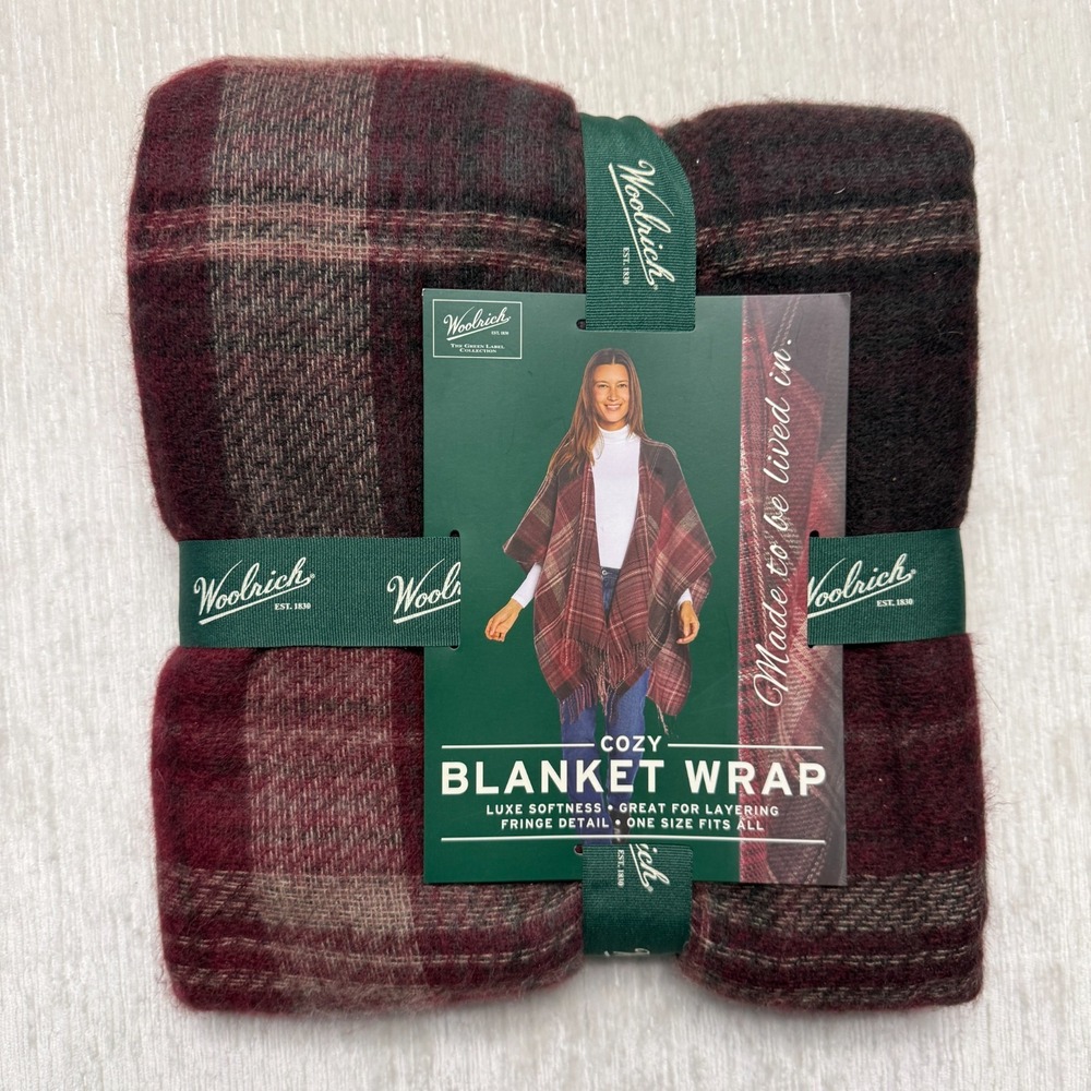 Woolrich Cozy Blanket Wrap Women OS Burgundy Alex Plaid Luxe Softness Fringe Hem